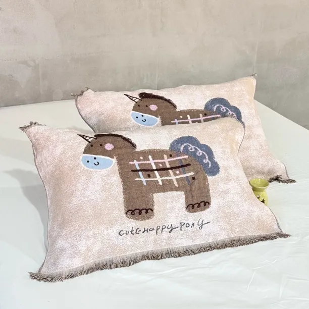 纯棉纱布枕巾可爱卡通枕头盖巾柔软亲肤透气卡通吸汗简约流苏一对