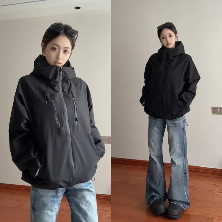 冲锋衣外套男秋季高级感痞帅防风防水登山服美式潮牌工装连帽夹克