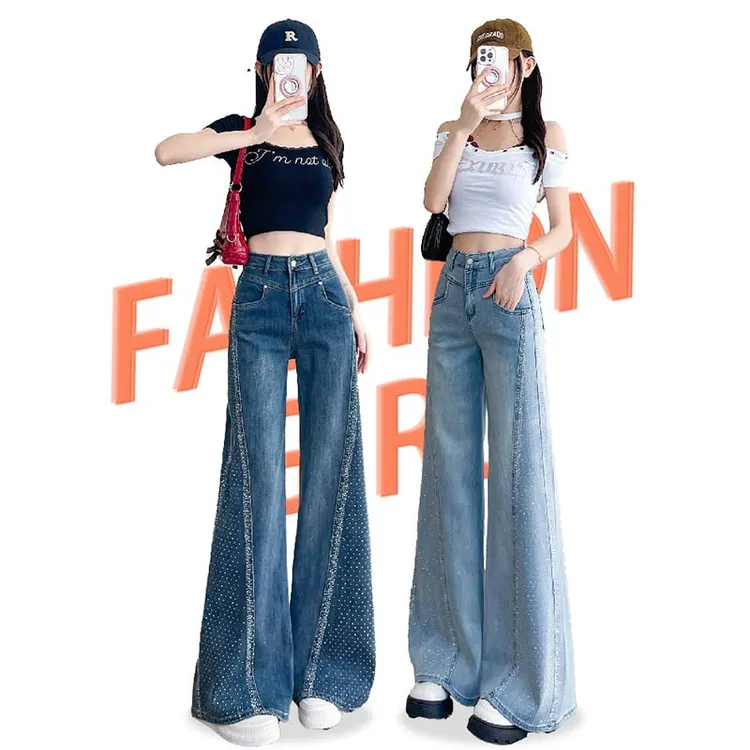 贴钻高腰阔腿牛仔裤女直筒牛仔薄款ol遮腿宽松宽松垂感夏季8076