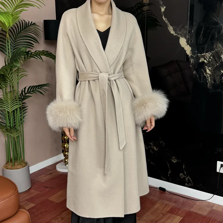 【严选】狐狸毛毛袖长款设计师韩系腰带羊毛大衣气质时尚8605