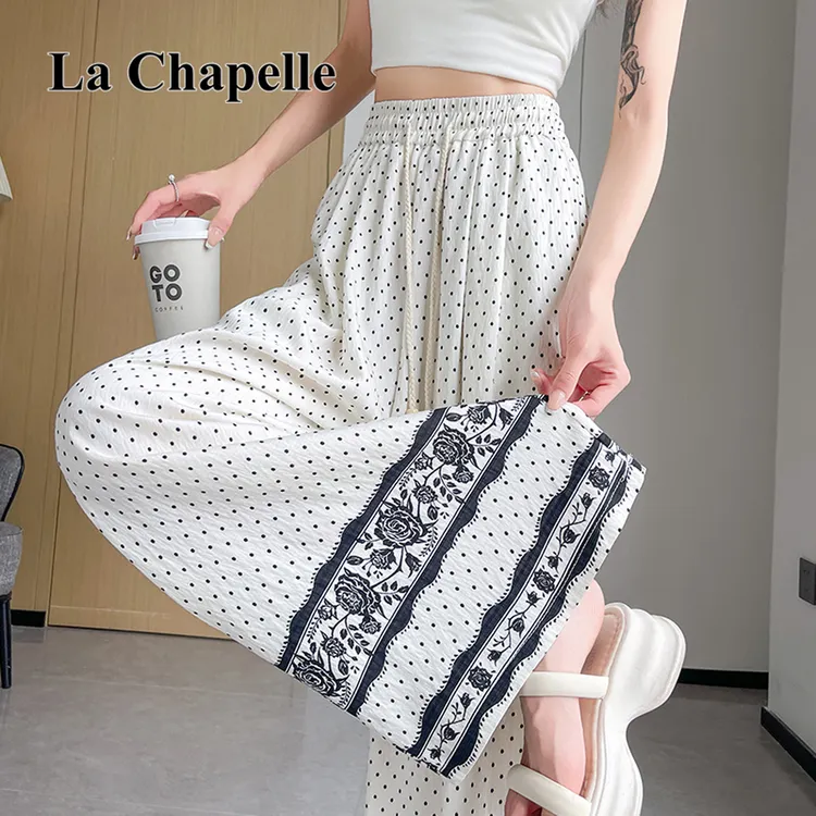 拉夏贝尔夏款洋气印花抽绳阔腿裤女宽松显瘦百搭度假风舒适休闲裤