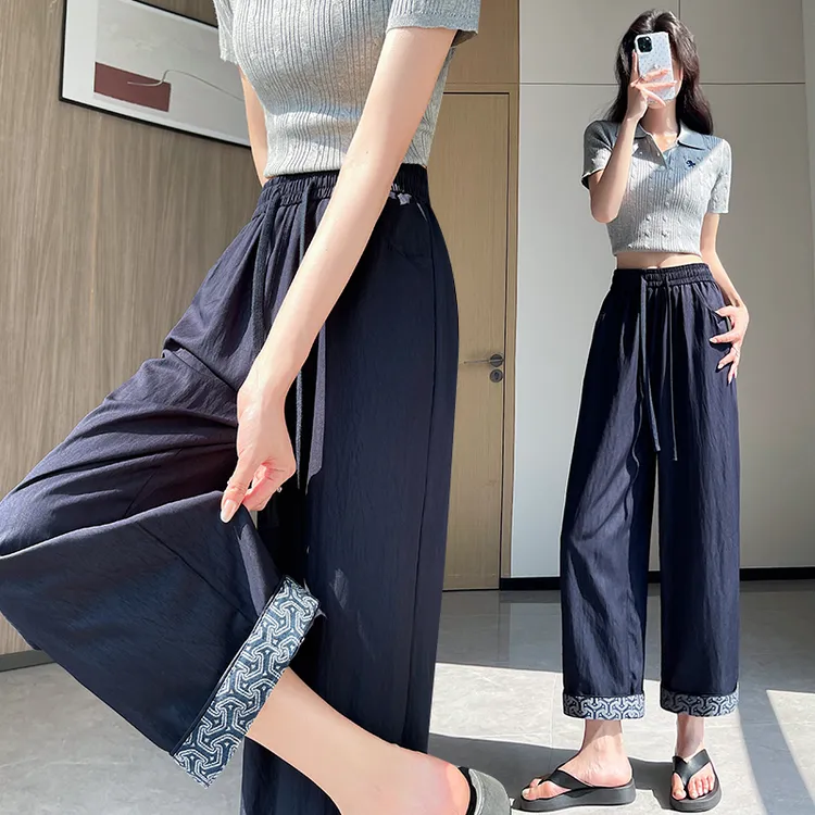 夏季薄款洗水牛仔时尚九分阔腿裤女宽松显瘦小个子复古拼接休闲裤