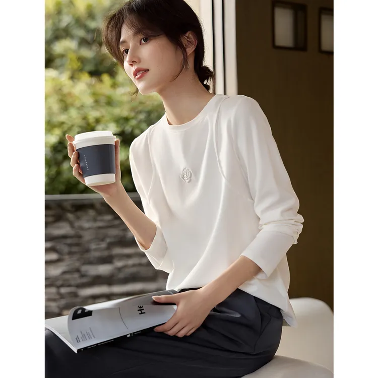 玫瑰压花设计立体线T恤女2025年秋季基础百搭白色棉质气质上衣潮