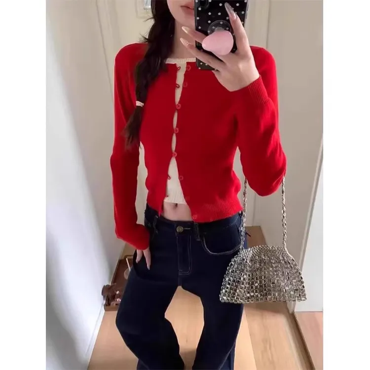 学院风红色假两件针织开衫女2025初早秋新款修身短款毛衣外套上衣