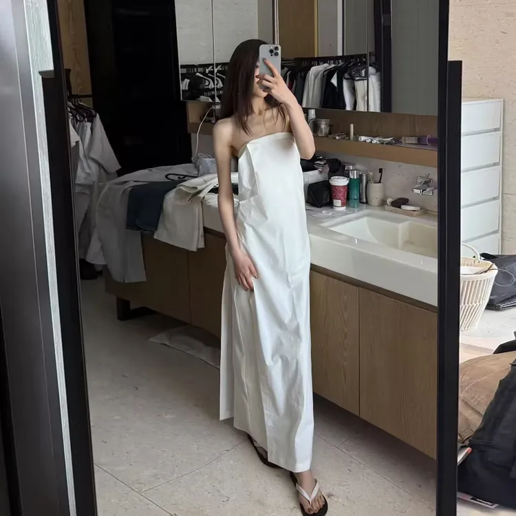 ROMI STUDIO极简度假风高支棉桑蚕丝双层抹胸式连衣裙 RWCSLY1783