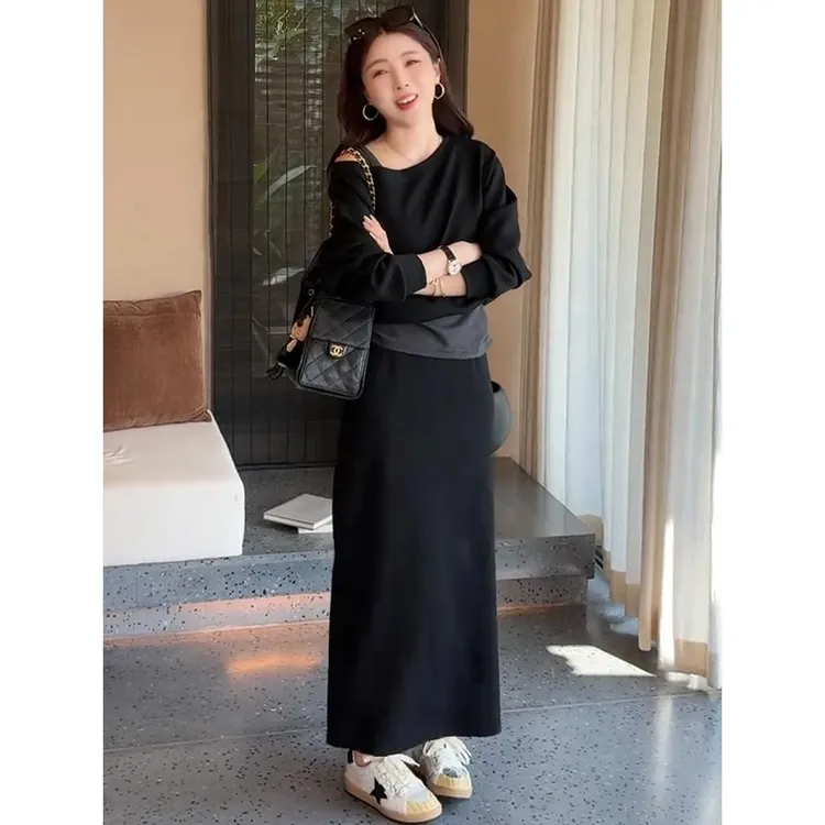 2025超火穿搭一整套早秋新款盐系轻熟假两件露肩卫衣半身裙两件套