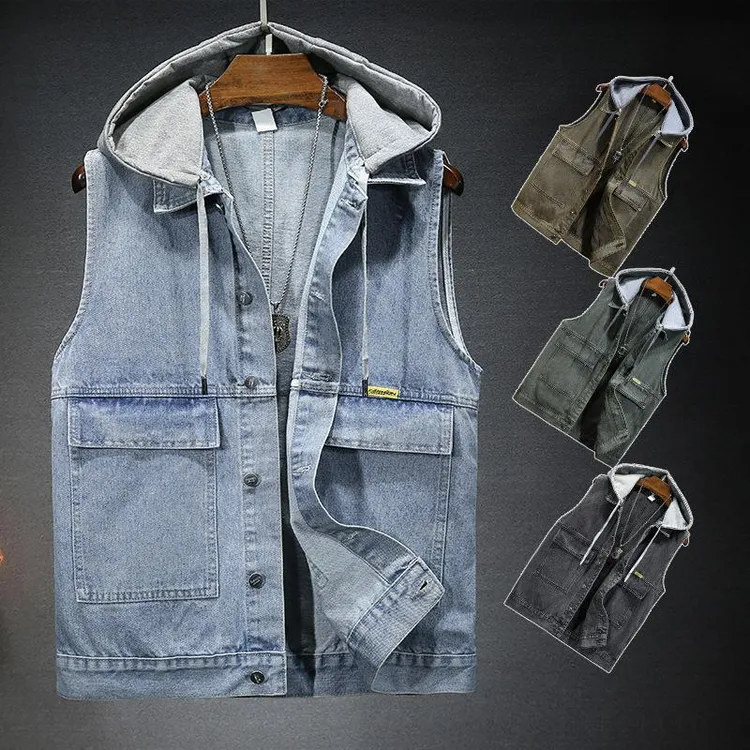 2025新款潮流男女同款坎肩背心 四季宽松时尚可拆连帽牛仔马甲男