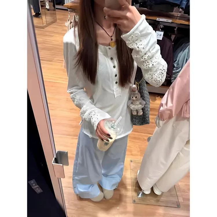 白色蕾丝镂空刺绣亨利领长袖t恤女秋季2025新款早秋百搭罩衫上衣