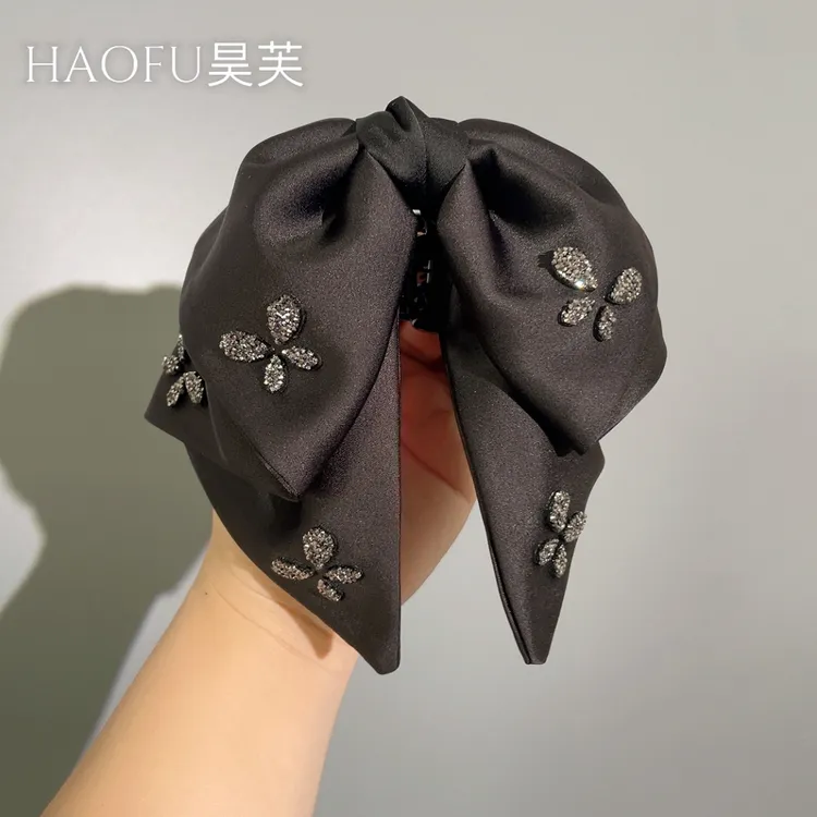 高级感缎面黑蝴蝶结赫本风抓夹轻奢复古马尾夹子后脑勺半扎发发饰