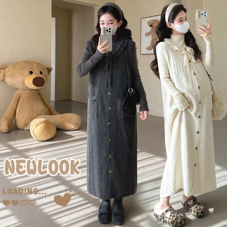 孕妇连衣裙2025秋冬新款韩版蕾丝系带开扣毛衣背心裙＋打底套装