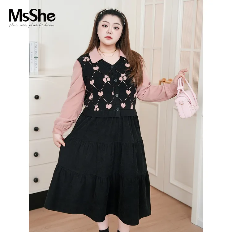 MsShe大码女装2025新款假两件毛衣马甲拼接磨毛连衣裙D~F2509015