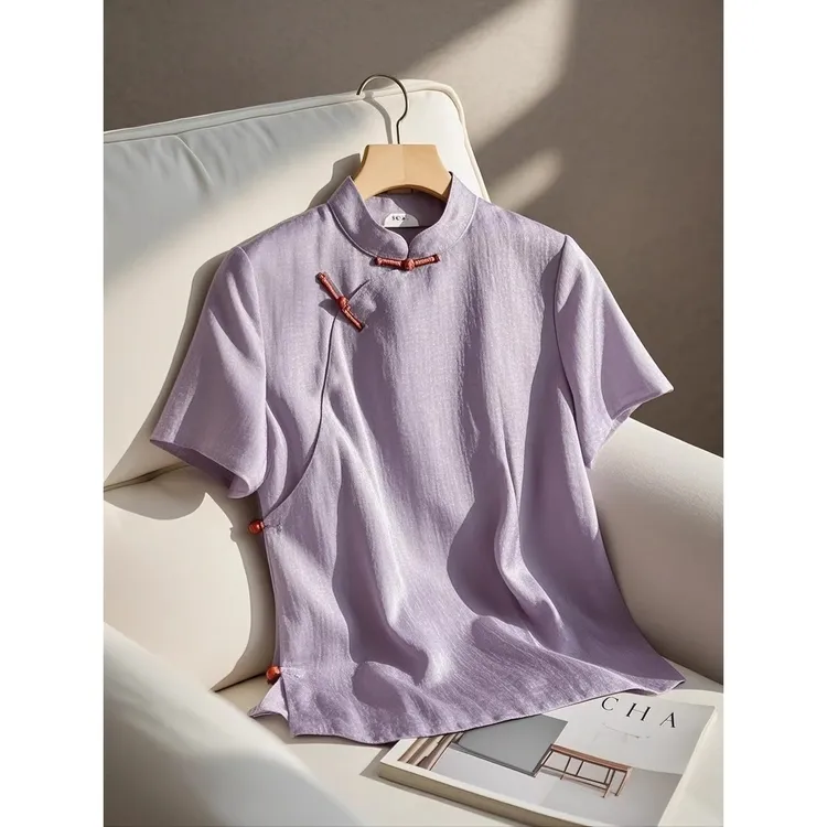 夏季新中式时尚国风知性减龄气质斜襟别致女轻奢闺秀穿搭短袖上衣