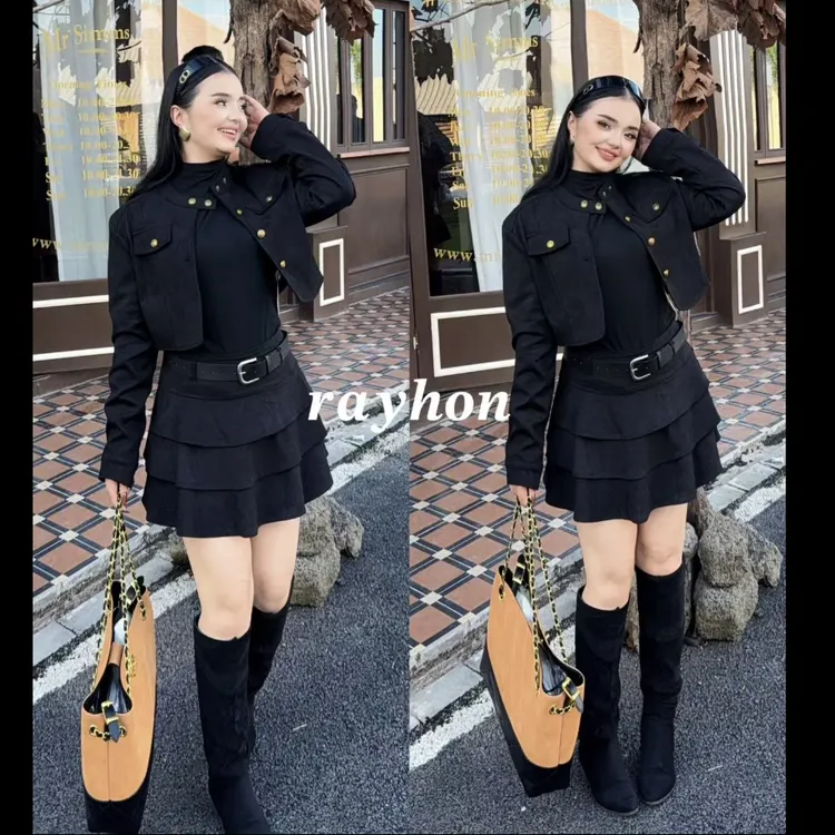 Rayhon三件套美拉德风短款鹿皮绒外套搭配荷叶边短裙显瘦穿搭