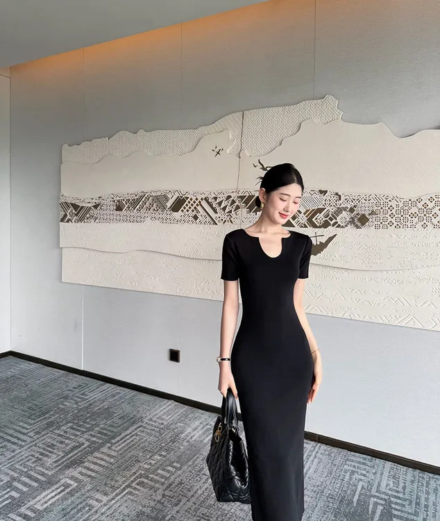 夏季高腰礼服风U领A字裙收腰显瘦包臀裙高弹力针织