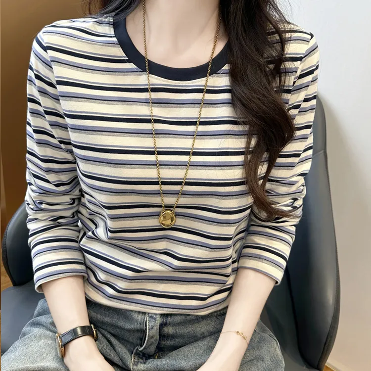 纯棉条纹长袖t恤女春秋冬季宽松显瘦打底衫时尚洋气休闲圆领上衣