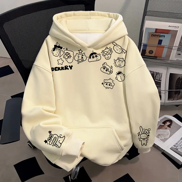 Dekkry趣味卡通蜡笔小新印花秋冬杏色连帽卫衣男女款套头加绒上衣