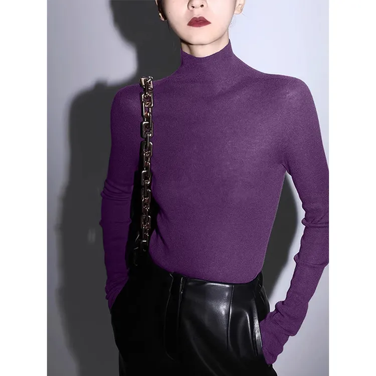 紫色高级感半高领针织打底衫女秋冬法式气质软糯毛衣内搭长袖上衣