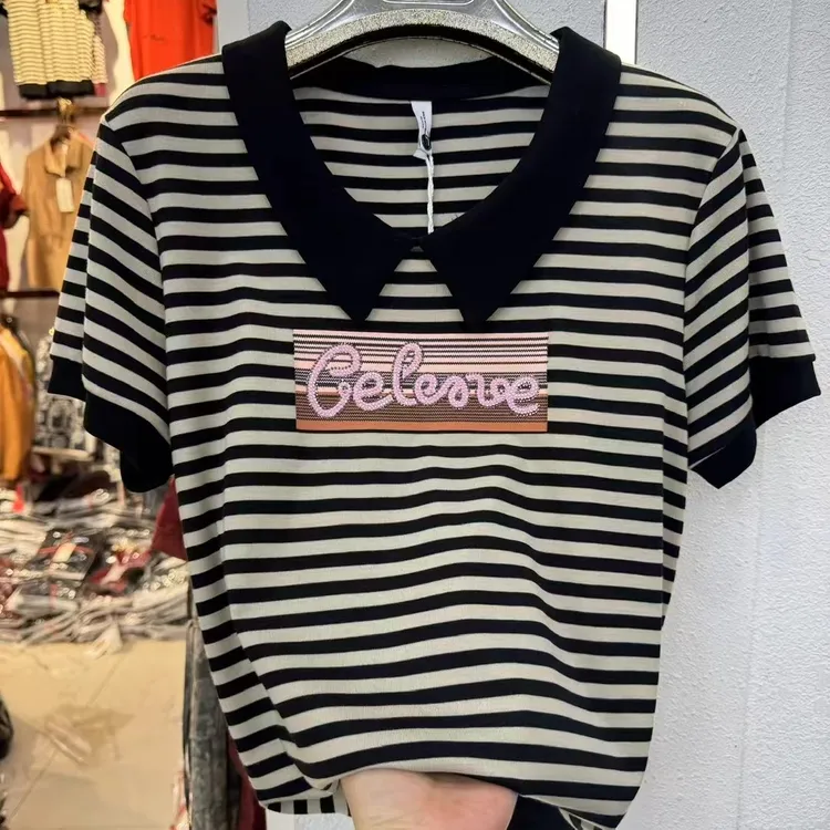 夏季新款娃娃领条纹宽松遮肚显瘦短袖中老年妈妈装上衣