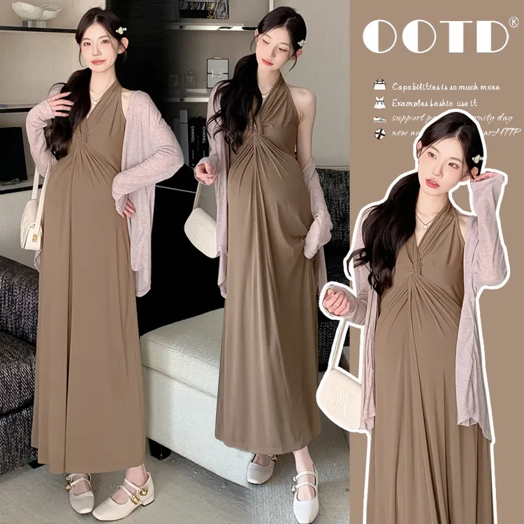 孕妇装连衣裙法式挂脖吊带裙2025新款气质长裙夏季开衫外穿孕妈妈