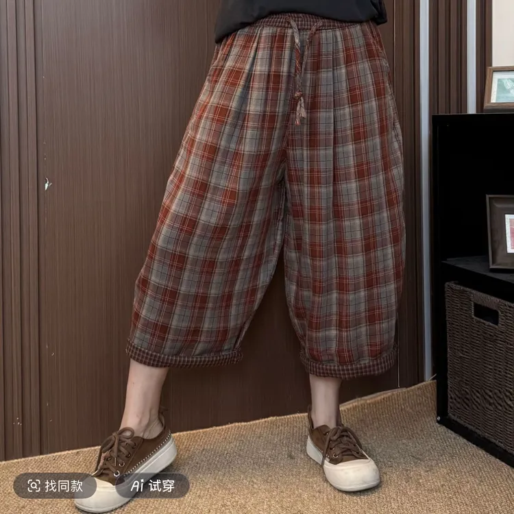 C3252夏季棉纱极简风格子休闲裤防蚊裤阔腿山本风无弹力80.140