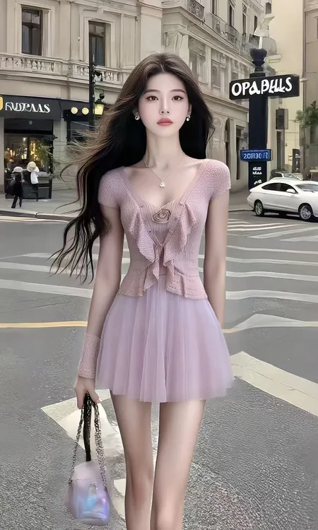 小个子温柔纯欲风淡紫色U领修身高腰短袖连衣裙女显瘦时尚短裙