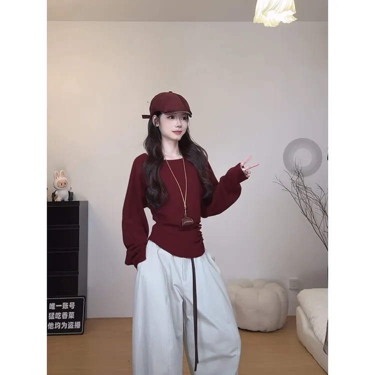 （6-8运贴）小众设计感收腰排扣斜肩针织衫秋季韩系气质显瘦小衫