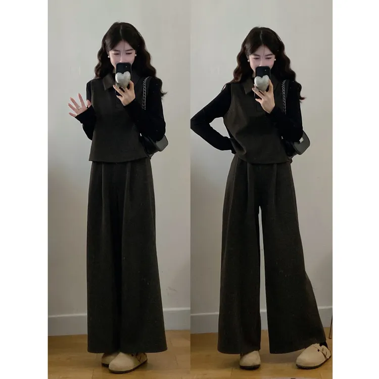 大码女装胖mm新款时尚显瘦毛呢马甲+T恤+阔腿裤三件套