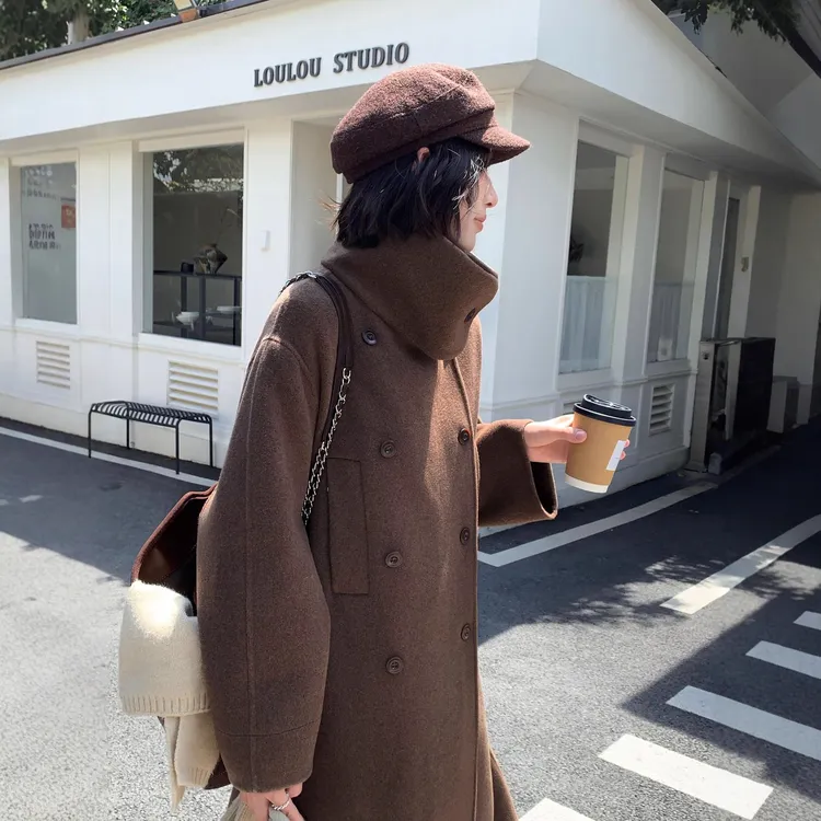 6198赫本风高级立领双面羊毛大衣女长款韩版宽松2025气质毛呢外套