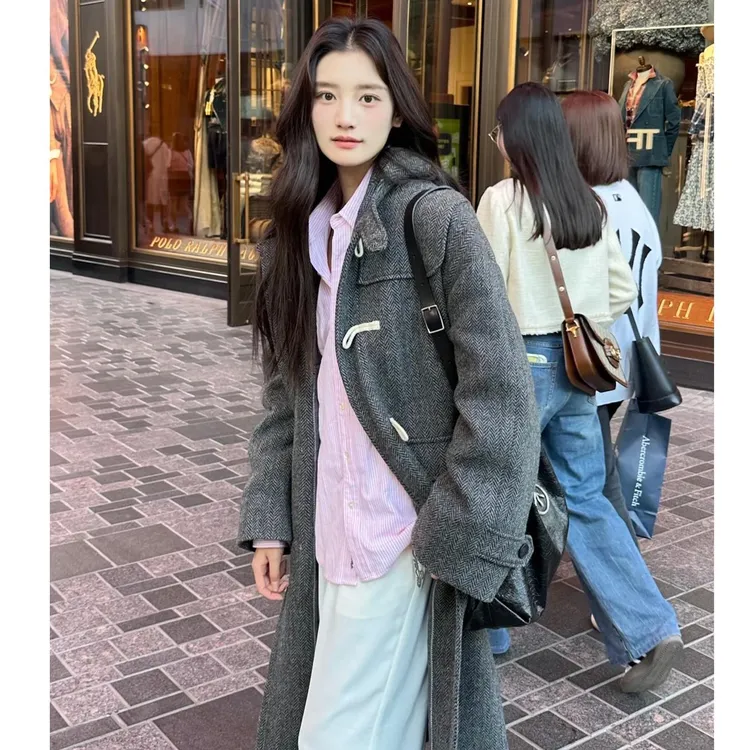 THEORY ERROR灰色人字纹呢子大衣女秋新款气质毛呢外套小个子赫本