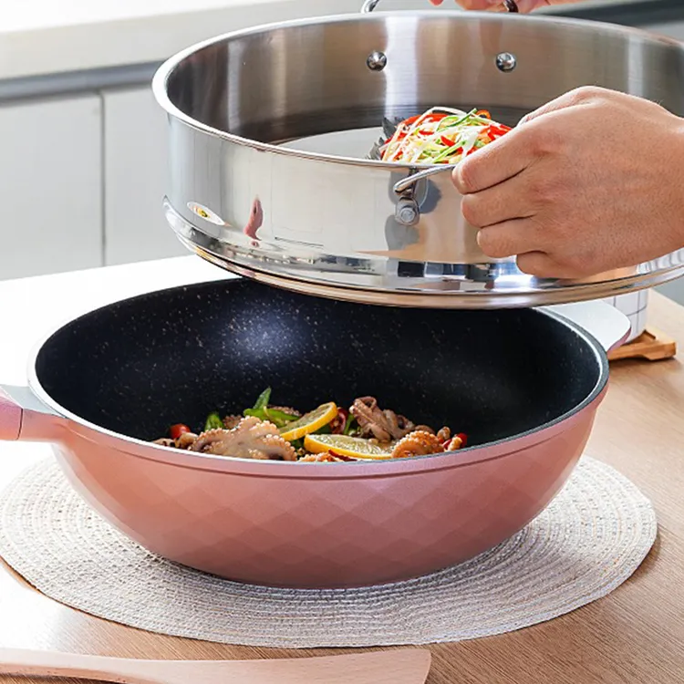 hxmian韩国小炒锅家用麦饭石不粘锅+蒸屉