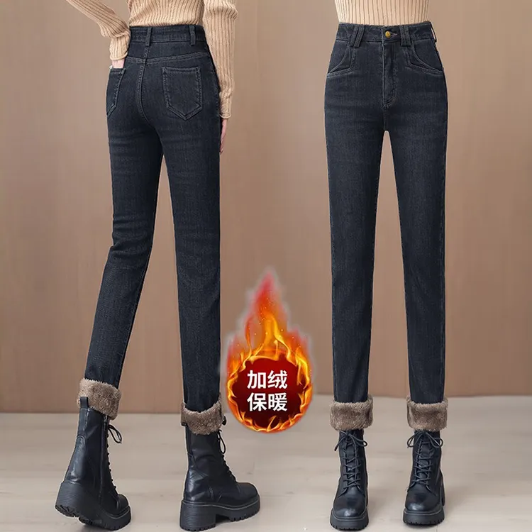 拉夏贝尔加绒加厚牛仔裤女秋冬2025年新款高腰显瘦百搭弹力铅笔裤
