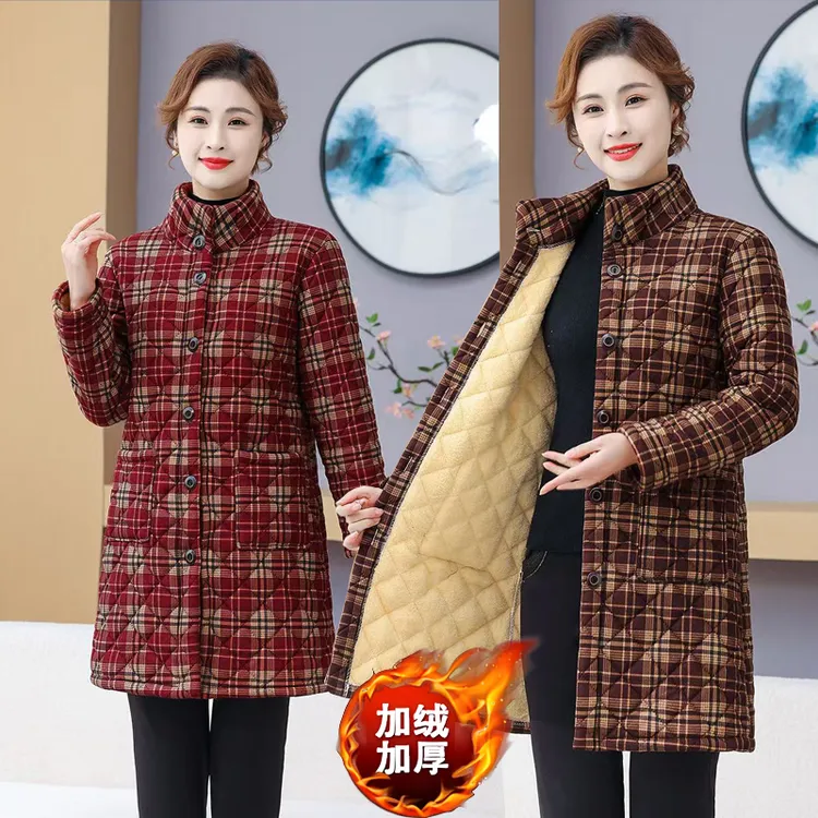妈妈装棉服休闲格子中长款冬装大码棉衣保暖中老年女装冬季外套
