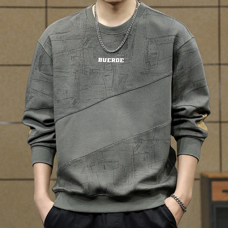 提花撞色拼接卫衣男士秋冬季新款潮牌大码休闲秋冬保暖加绒衣服男