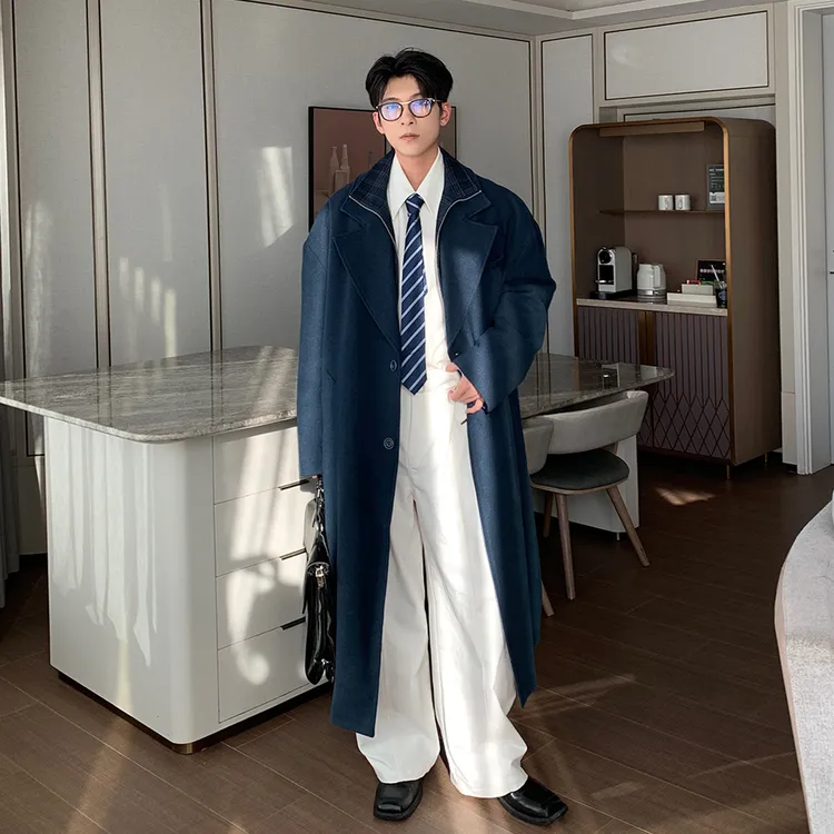 一轩轩轩【北欧织语】秋冬撞色设计感假两件加厚呢子大衣外套25714