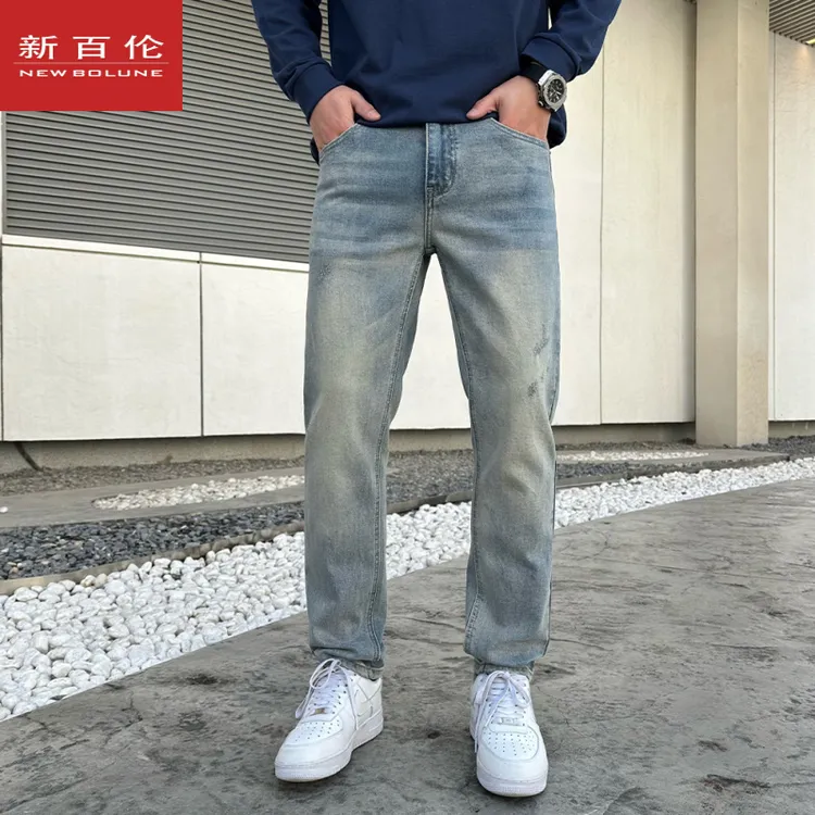 新百伦秋冬美式高街黄泥染牛仔裤男士潮牌修身小直筒弹力休闲长裤