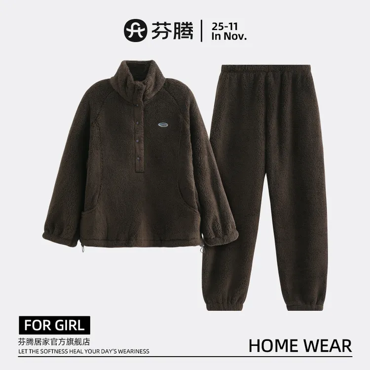 芬腾珊瑚绒睡衣女加绒加厚秋冬季长袖休闲可外穿家居服双面保暖