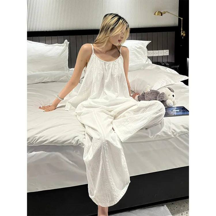 法式简约提花白色睡衣女春秋新款吊带长裤家居服宽松两件套可外穿