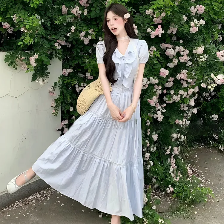 夏季荷叶边衬衫长裙V领收腰显瘦连衣裙D1764