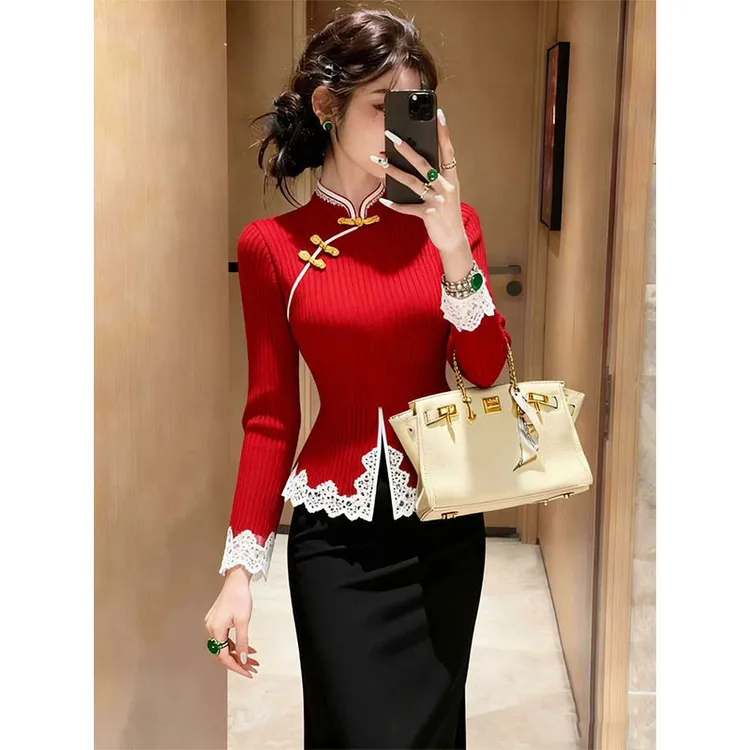 新中式复古高级感立领新年红色蕾丝针织衫洋气打底衫上衣女秋冬季