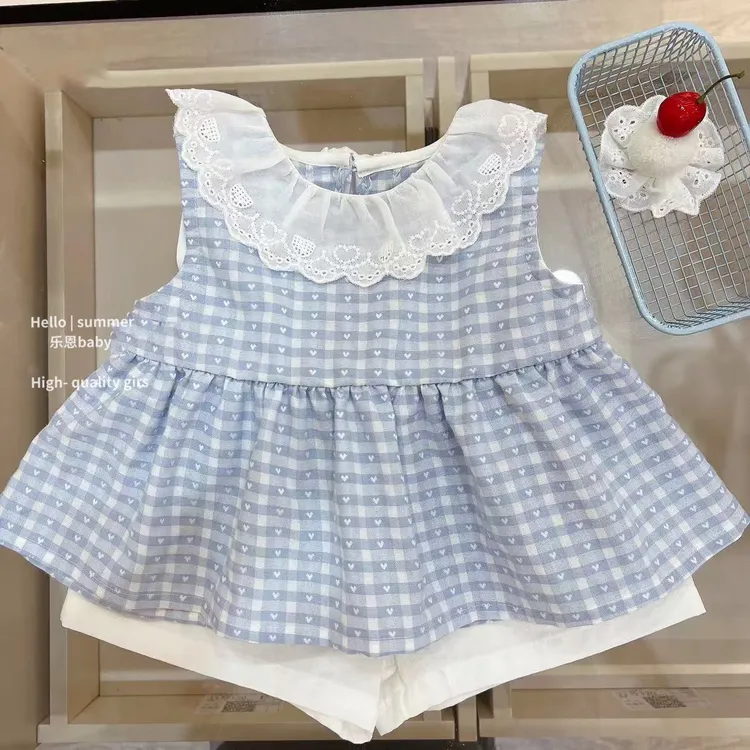 【乐恩童装】原创高定女童甜美蓝色爱心上衣白色短裤少女风格子套装