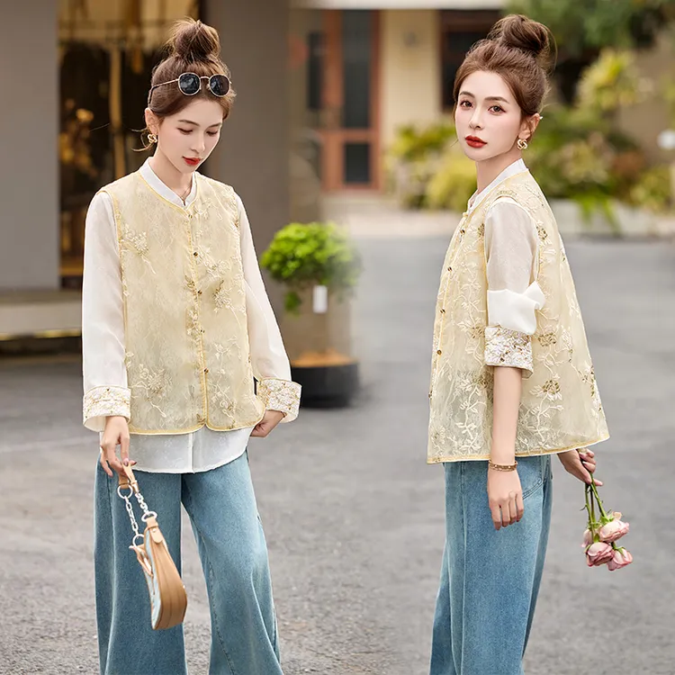 2025春季女装新款新中式国风刺绣高端气质优雅轻薄款马甲衬衫套装