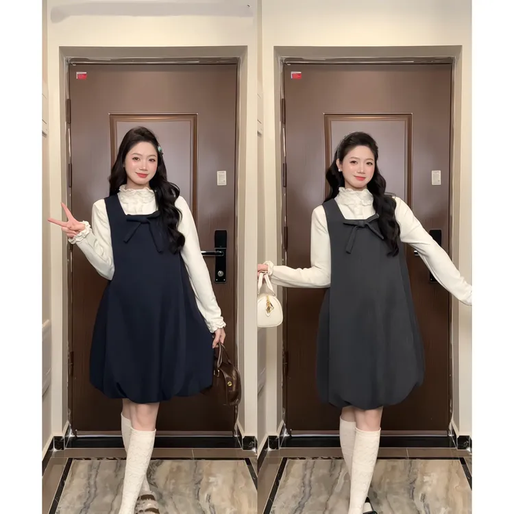 秋冬孕妇装时尚气质韩版洋气减龄显瘦百搭背心裙蛋糕领打底套装
