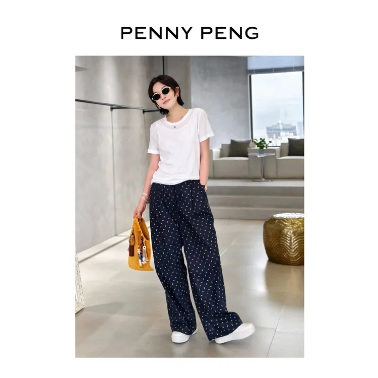 PENNYPENG野蜂飞舞夏季新款藏青色纯棉舒适百搭休闲抽绳阔腿裤