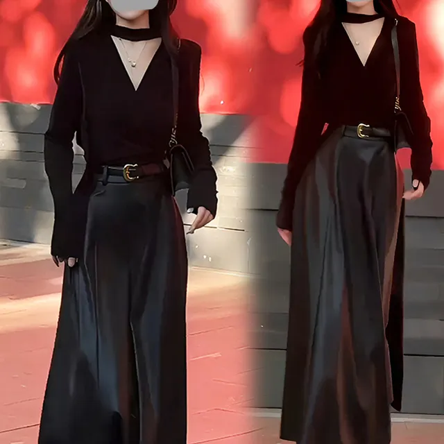 千金感气质高级时尚套装2025春秋新款长袖针织上衣显瘦收腰皮裙女