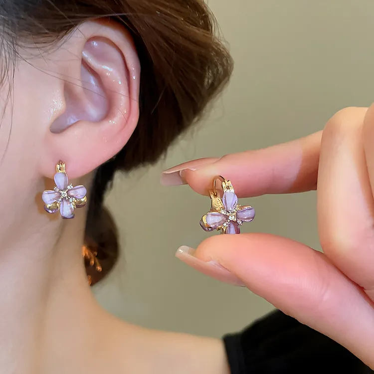 合金合成锆石耳饰 紫色花朵双面耳扣精致2025新款耳环高级感耳钉~