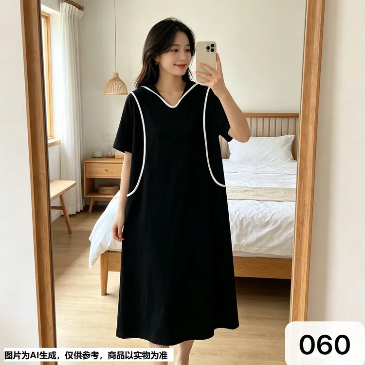 【Annie 060】春夏款连帽大口袋线条设计休闲弹性宽松大码显瘦长裙