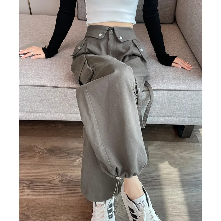 美式灰色工装裤女秋季设计感翻边高腰甜酷炸街阔腿束脚运动冲锋裤