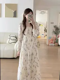 现322-6#蕾丝重工刺绣长袖连衣裙女2025秋季宽松显瘦系带温柔长裙