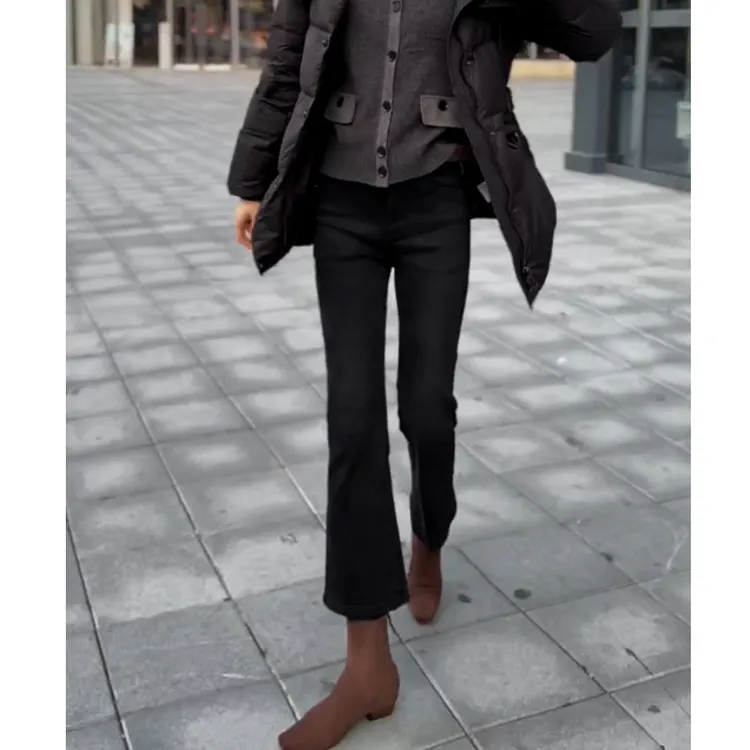 黑灰小个子微喇牛仔裤女秋冬加绒高腰百搭弹力显瘦修身九分喇叭裤