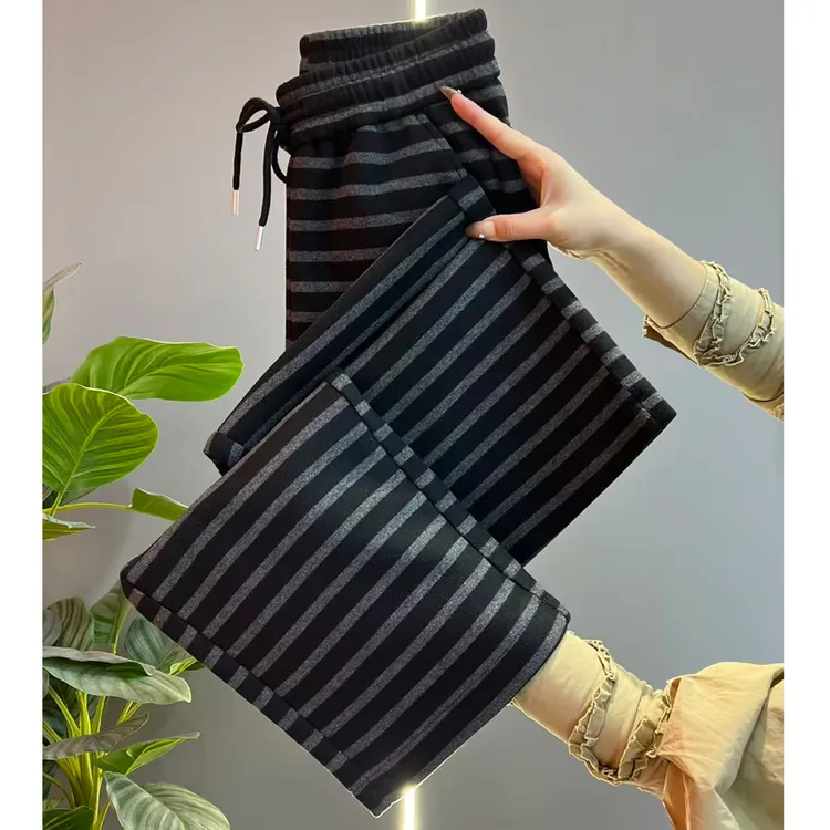 窄版条纹加厚阔腿裤女秋冬新品高腰保暖宽松小个子直筒休闲哈伦裤